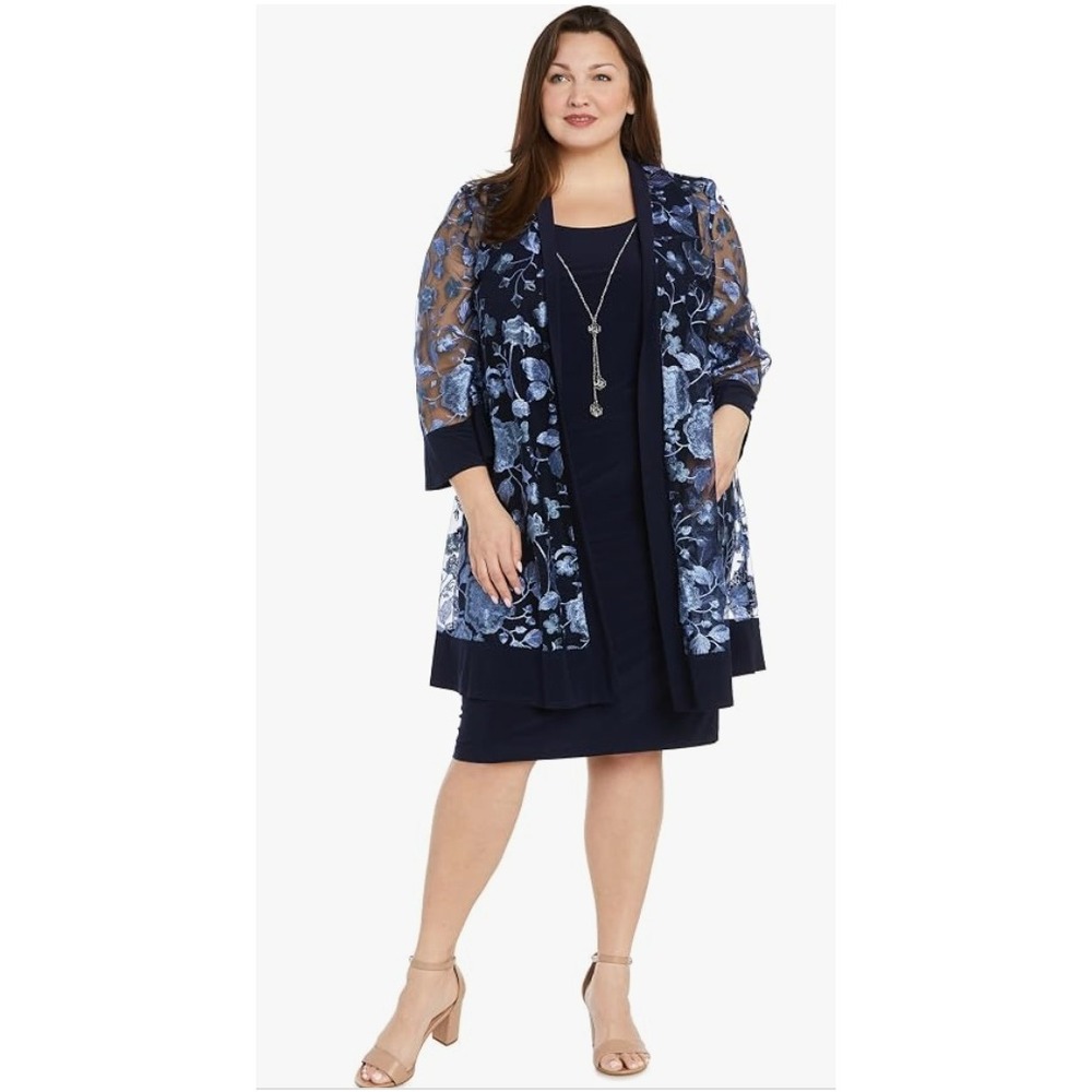 R&M Richards Woman Dress Set 14W Navy Periwinkle Floral Embroidered Jacket NWT